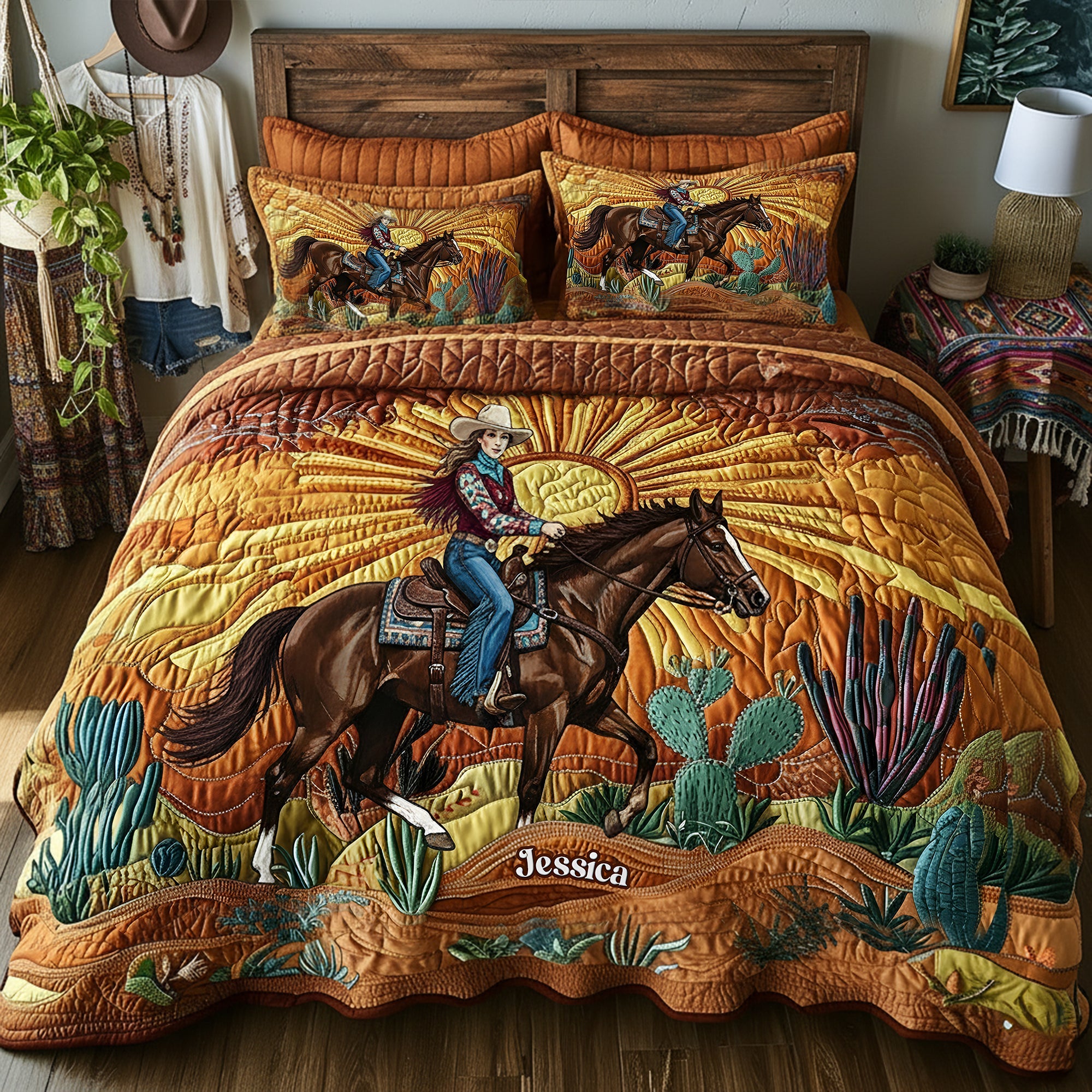 "Ride into the sunset with style!" - Desert Sunset Cowgirl Quilt Bedding Set - Personalized Gift for Cowgirls Bedding Set PopCulturePrints