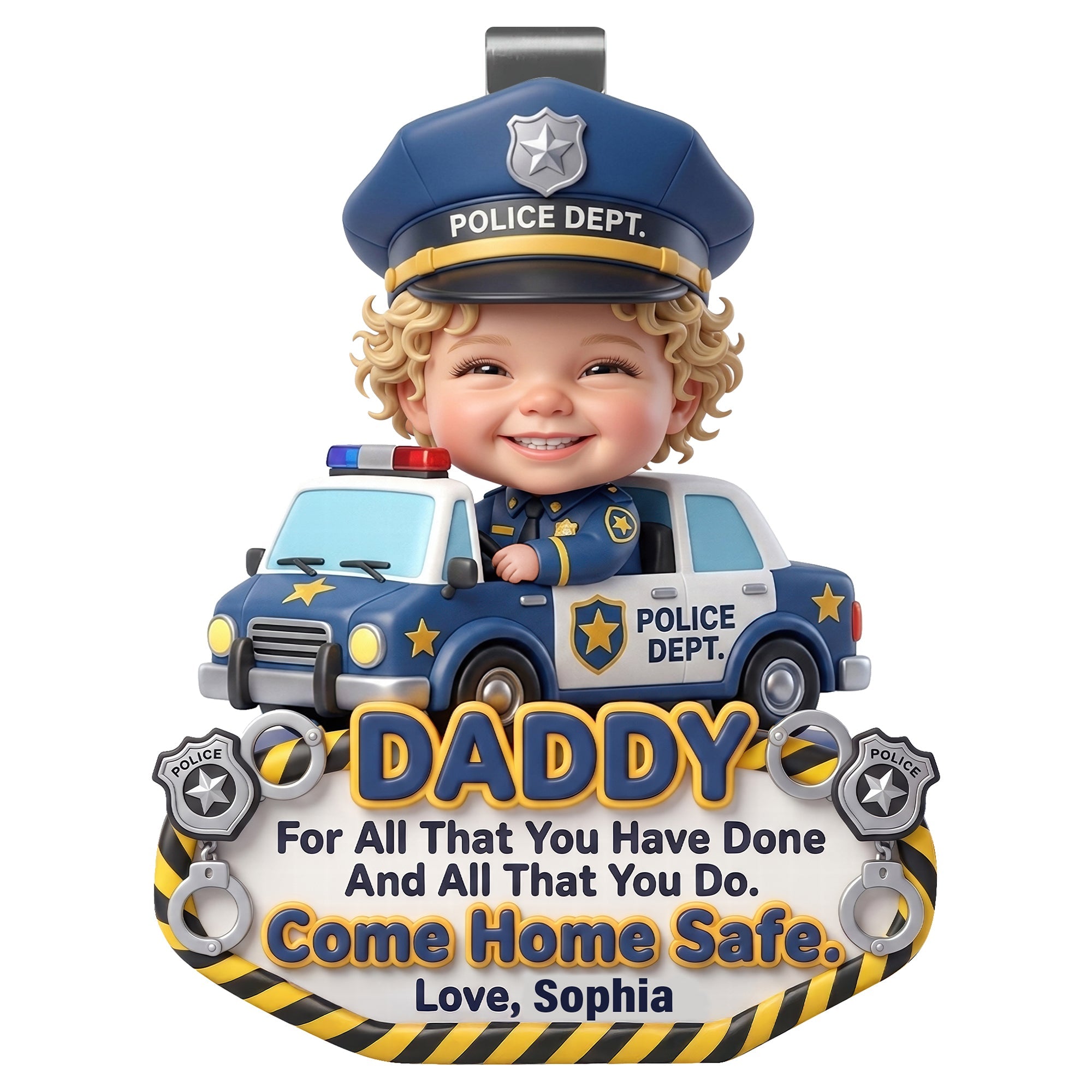 “Come Home Safe, Daddy!” - Custom Photo Car Vision for Police Officer Dads Car Visor Clip PopCulturePrints