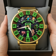 Load image into Gallery viewer, Time to Mine! Fun Sandbox Game Mesh Straps Watch - Personalized Gift for Game Lovers Quartz Watch PopCulturePrints
