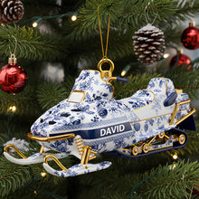 Load image into Gallery viewer, “Celebrate the Thrill of Winter!” - Snowmobile Toile de Jouy Ornament - Personalized Christmas Gift Ornament PopCulturePrints
