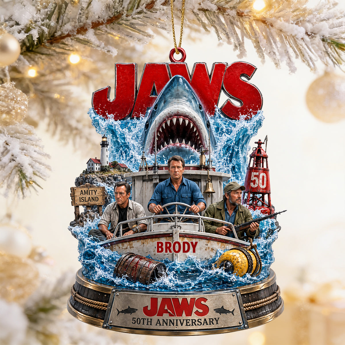 “Courage Meets Adventure” - Personalized Jaws 50th Anniversary Ornament - Custom Gift for Movie Lovers, Families, and Friends Ornament PopCulturePrints