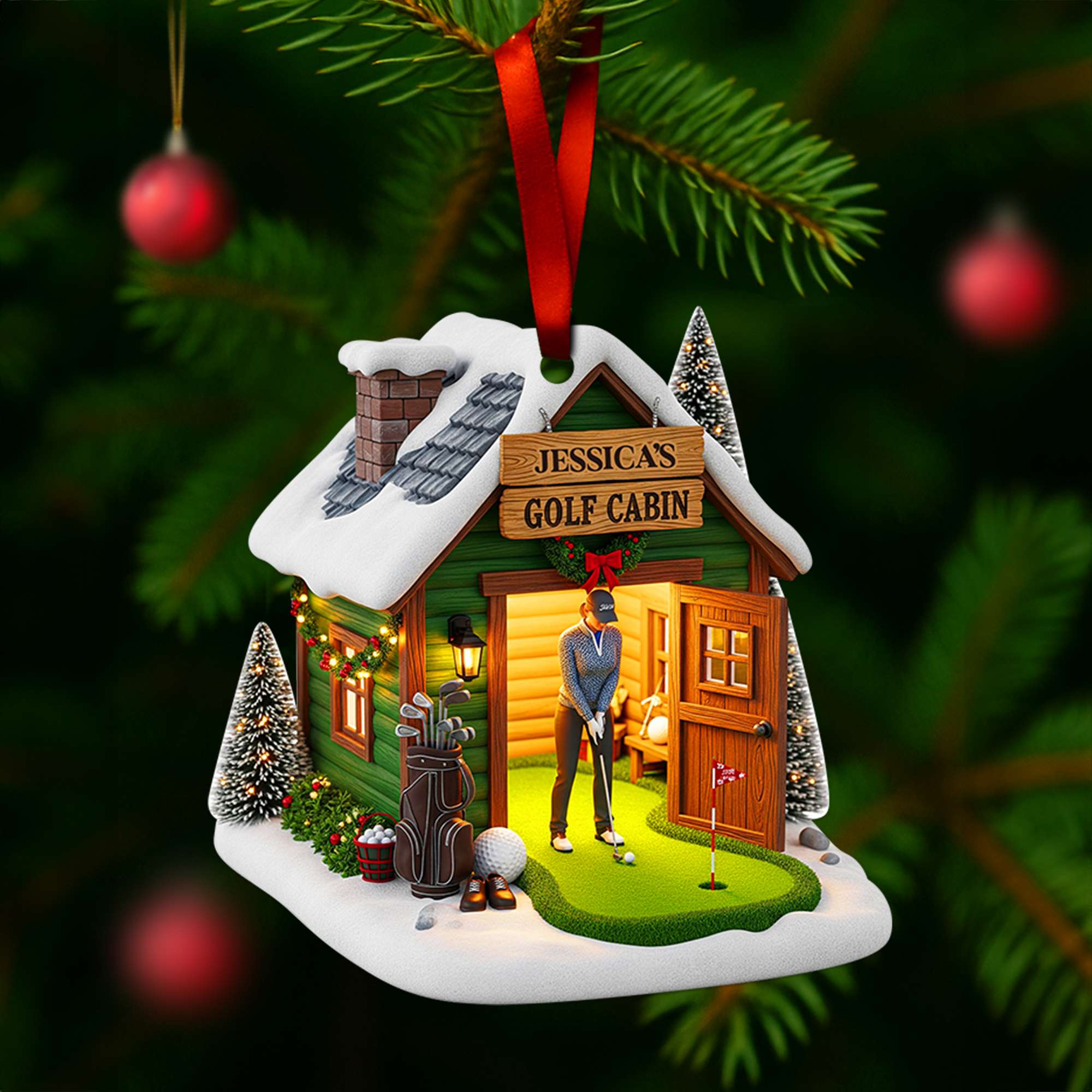 “Tee Off into Joy!” - Custom Golf Cabin Christmas Ornament - Personalized Gift for Golf Lovers Ornament PopCulturePrints