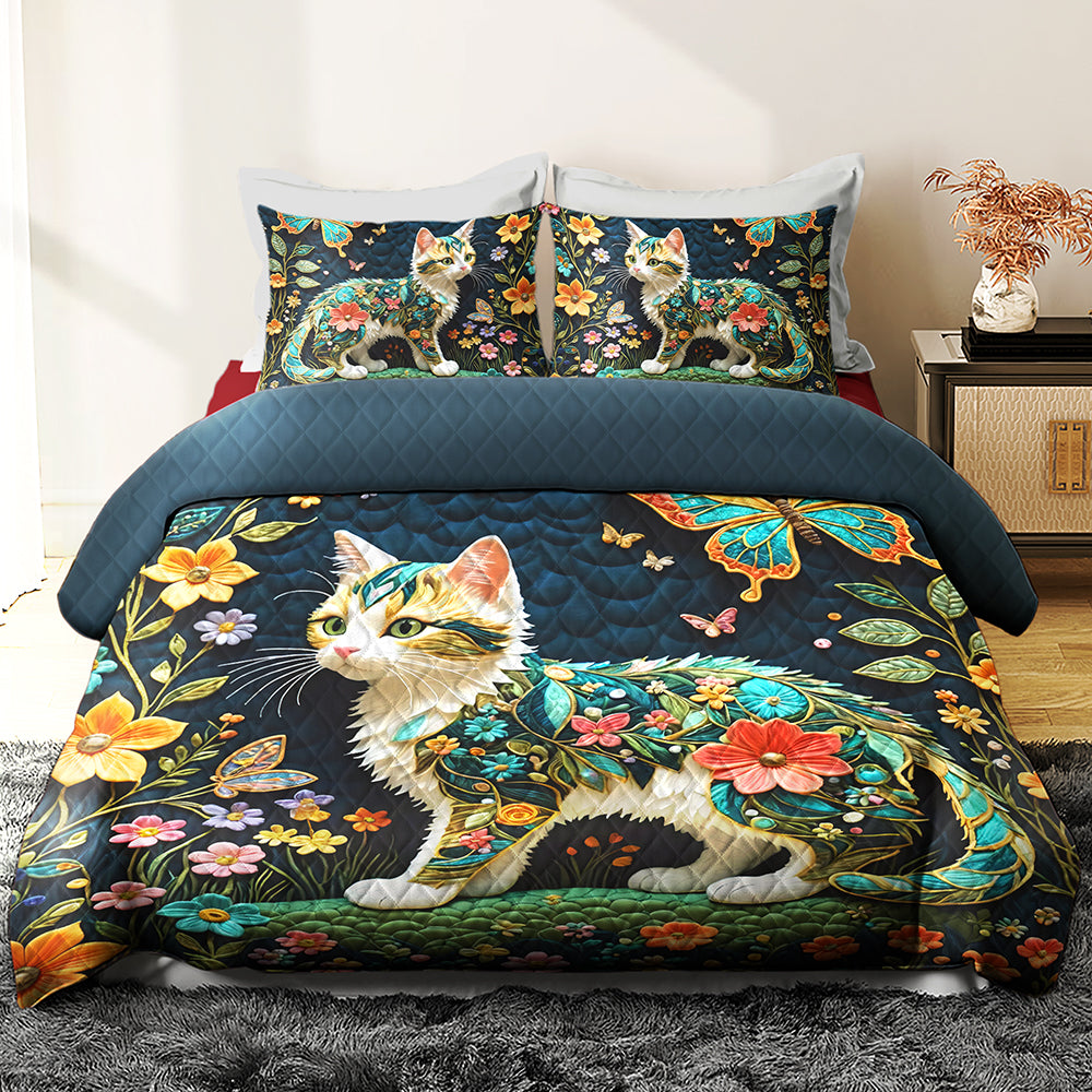 Whimsical Cat and Butterfly Quilt Bed Set - Perfect Gift for Cat Lovers Blanket PopCulturePrints