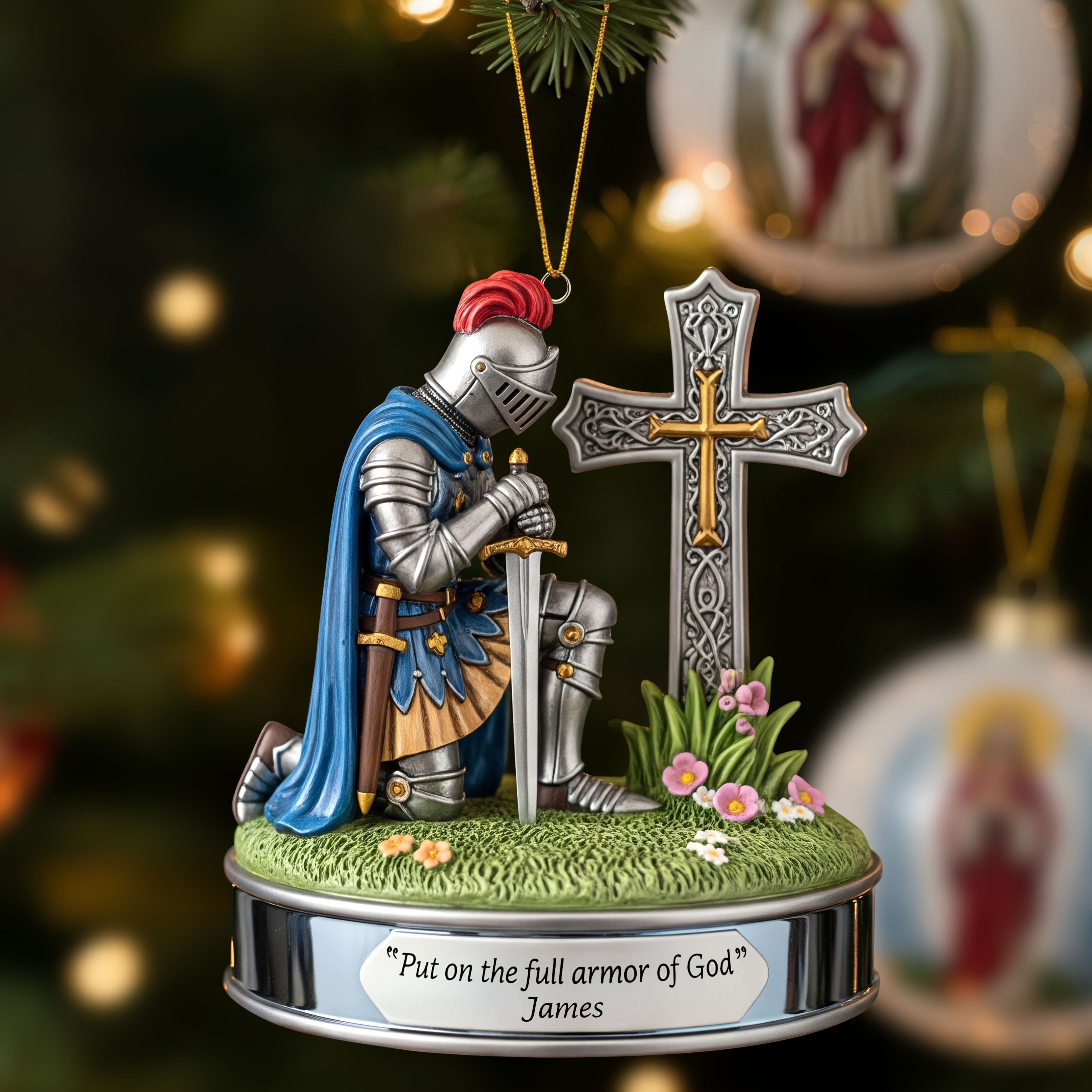 "Put on the full armor of God" - Kneeing Knight Ornament - Personalized Christian Gift for Friends, Family, and Loved Ones Ornament PopCulturePrints