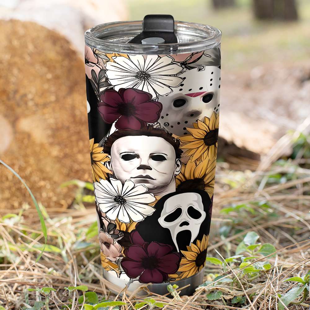 Horror Icons Floral Tumbler - Michael Myers, Ghostface, Jason Voorhees