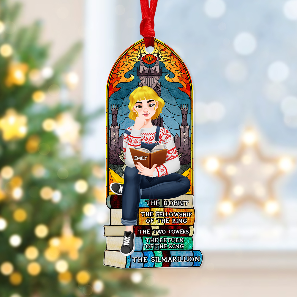 Personalized Christmas Ornament for Book Lovers – Girl Sitting on Books Ornament PopCulturePrints
