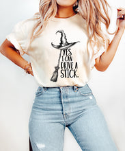 Load image into Gallery viewer, Yes I Can Drive a Stick - Funny Witch Shirt - Customizable Gift for Girlfriend, Wife, or Halloween Enthusiasts Shirts PopCulturePrints
