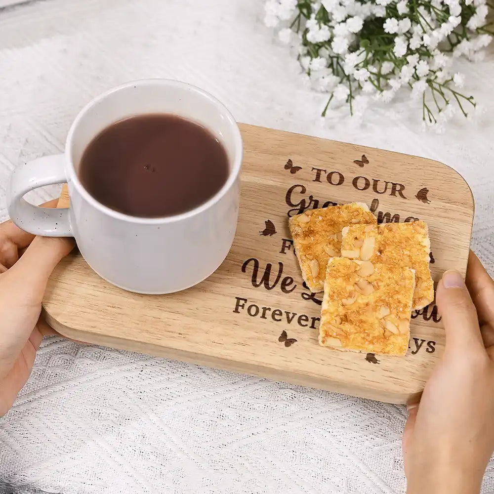 Never Forget That We Love You Forever And Always - Personalized Serving Board with Cup Holder, Gift for Grandma, Mom, and Loved Ones Serving Board With Cup Holder PopCulturePrints