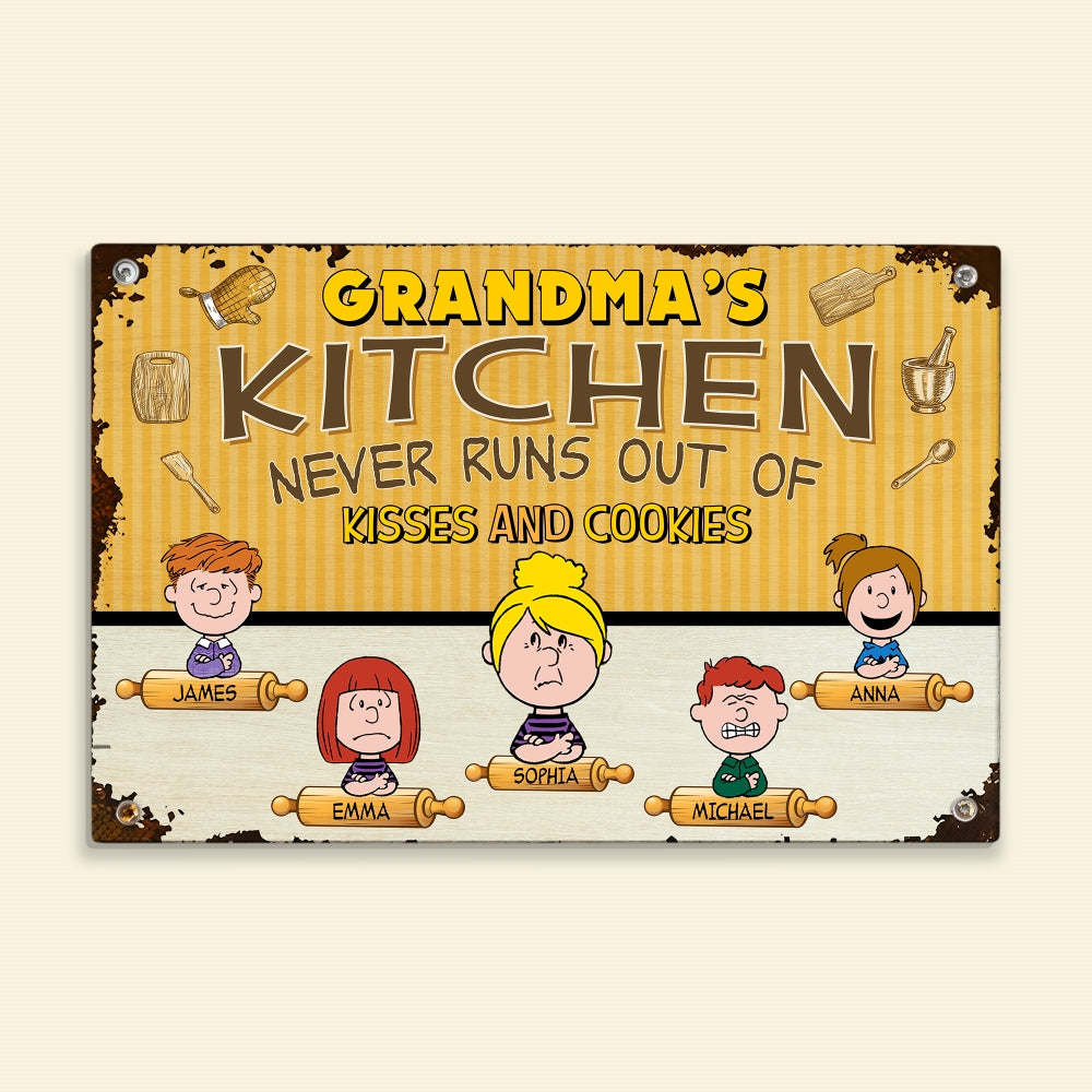 Personalized Grandma's Kitchen Metal Sign - Custom Cartoon Family Characters