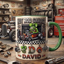 Load image into Gallery viewer, “Rev Up Your Spirit!” - Cute Alphabet Christmas Fun Rat Fink Accent Mug - Personalized Gift for Hot Rod Lovers
