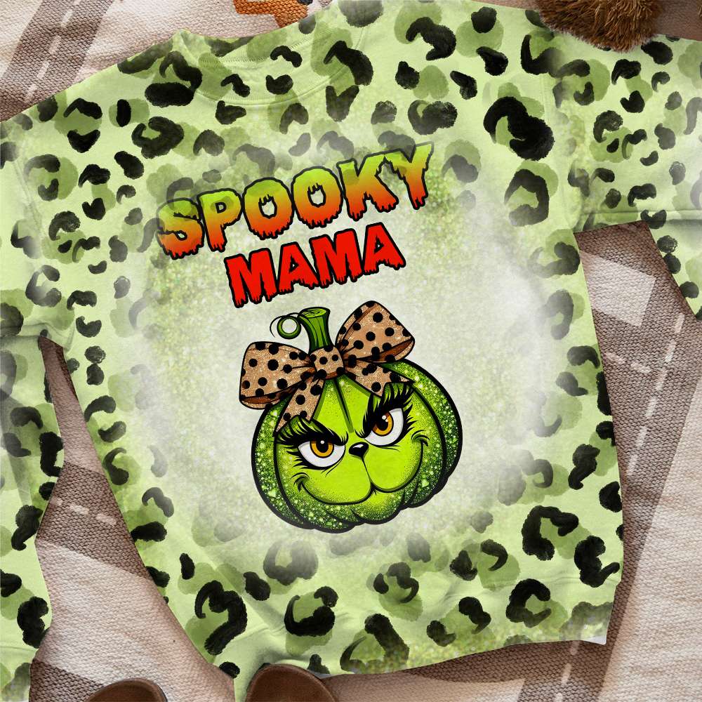 Personalized Halloween Leopard Pumpkin Sweatshirt for Mama - Spooky Green Design