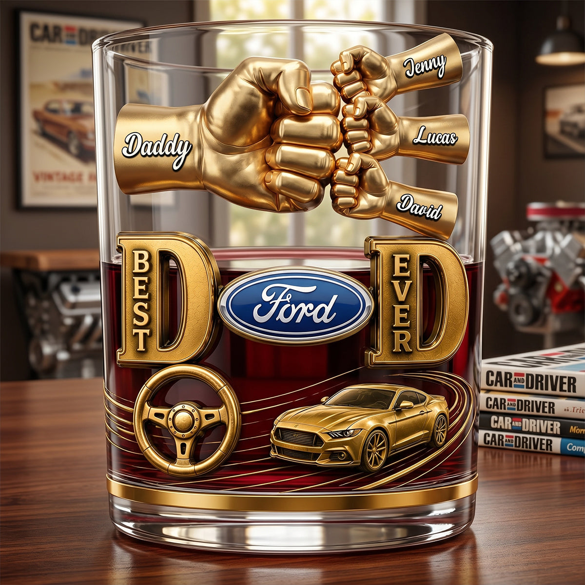"Best Dad Ever" - Personalized Muscle Car Dad Round Glass - Unique Gift for Dads and Grandpas Glass PopCulturePrints