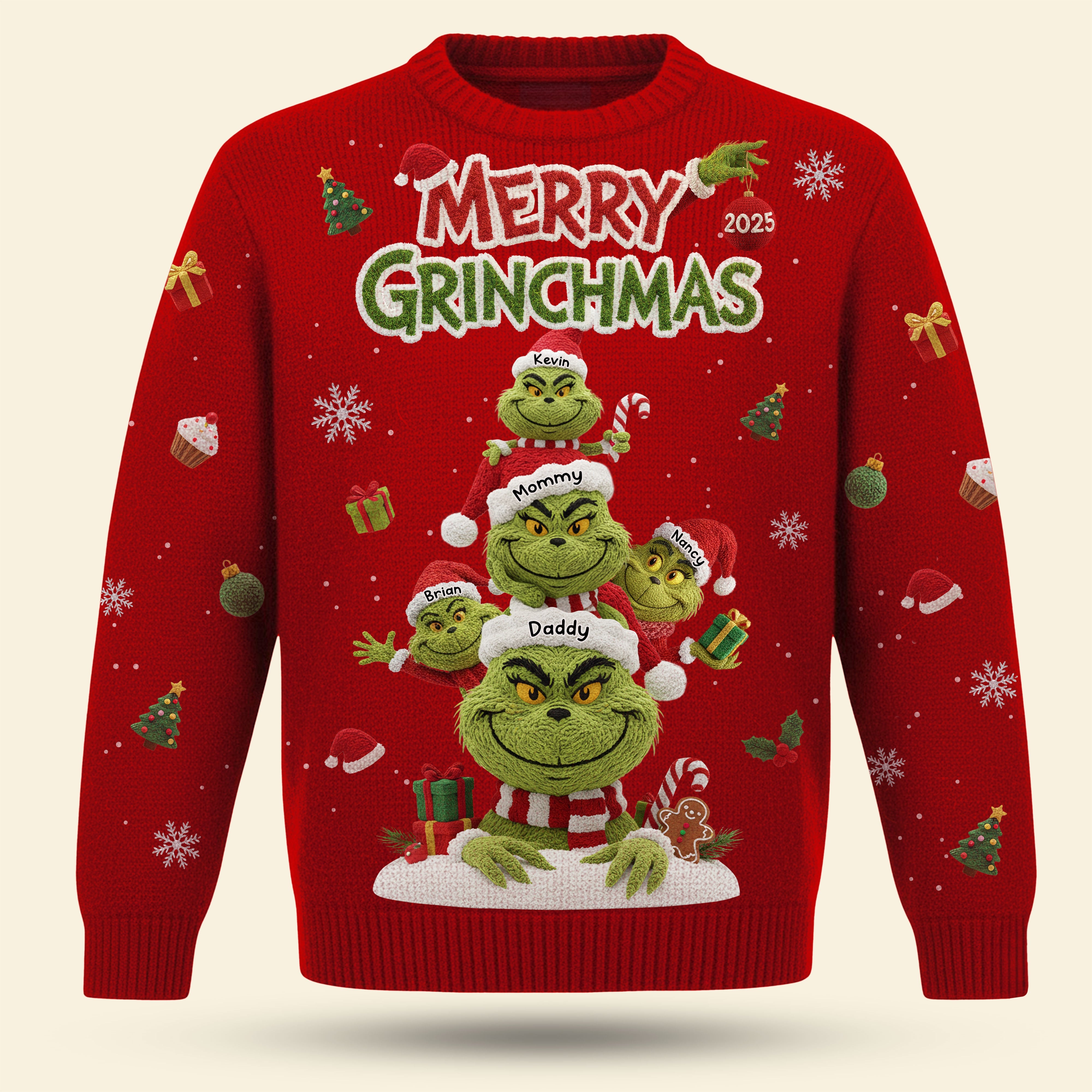 Merry Grinchmas Family Sweater - Personalized Ugly Christmas Sweater for Family and Friends AOP Products PopCulturePrints