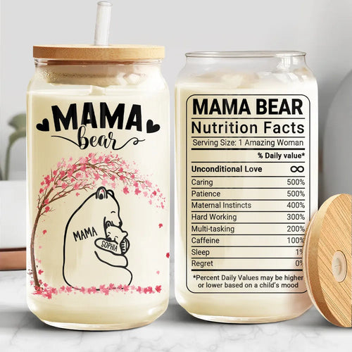 Mama Bear Nutrition Facts - Personalized Clear Glass Can - Perfect Gift for Mom and Grandma Clear Glass Can PopCulturePrints