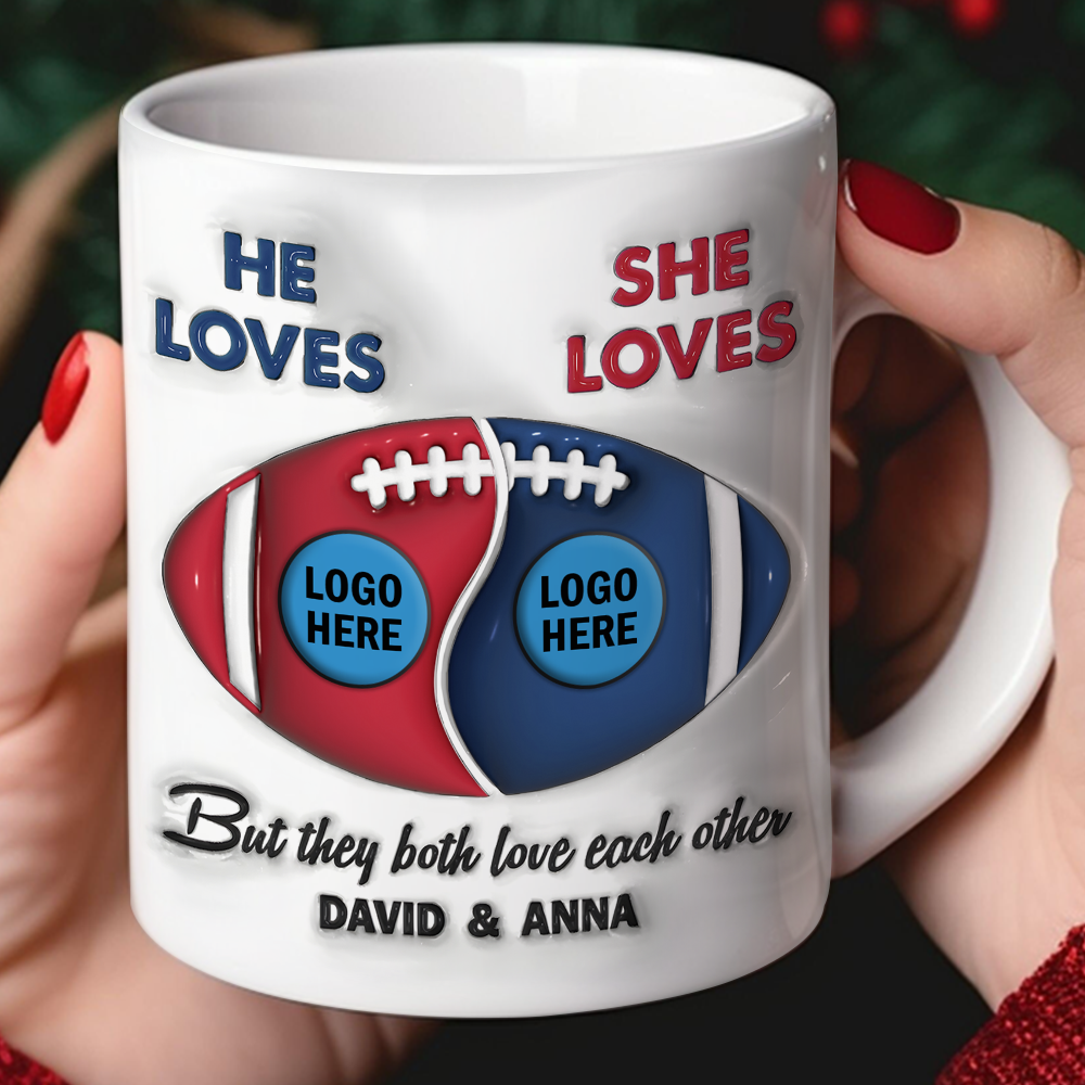 Personalized Couple Coffee Mug - American Football Lovers He Loves She Loves