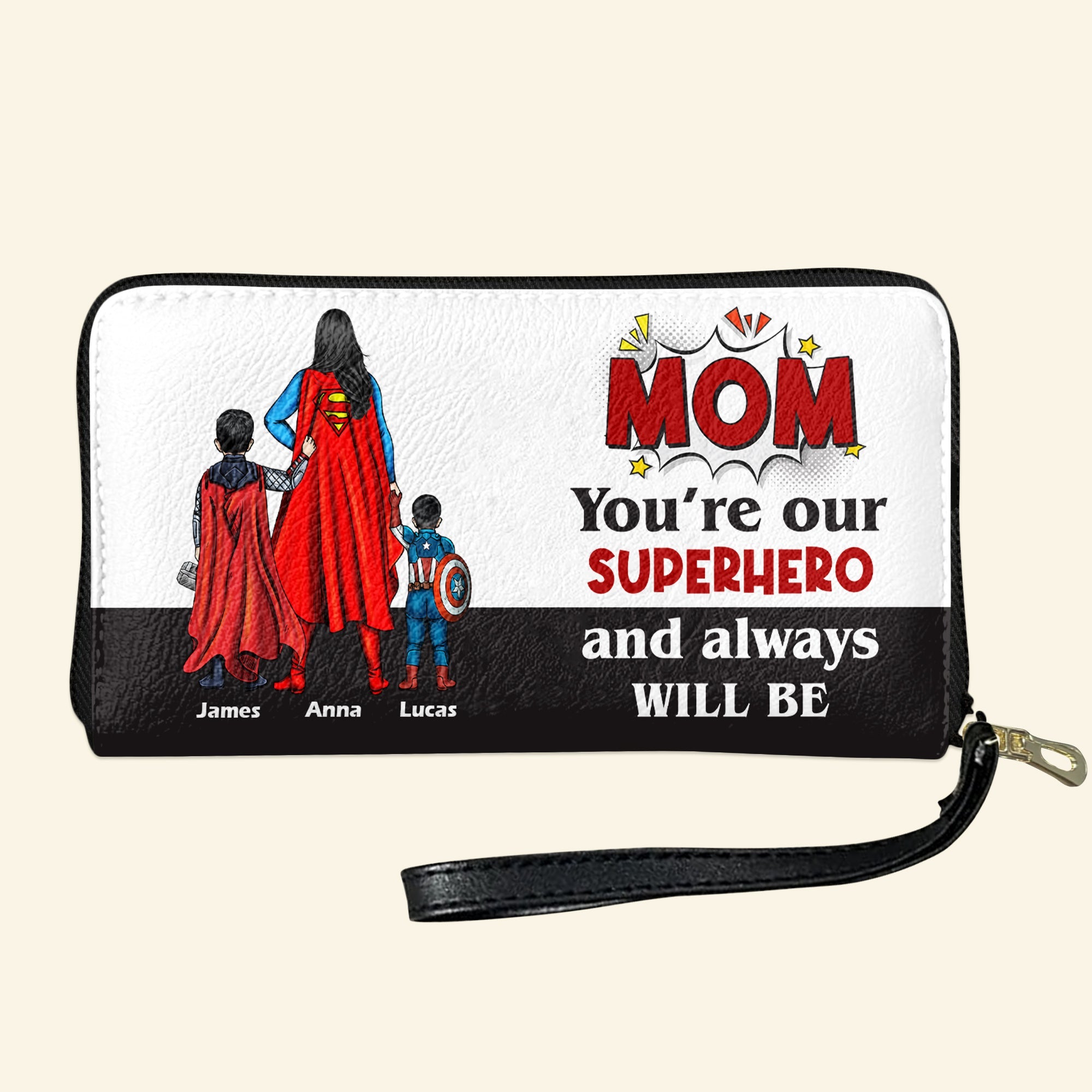 "Mom, You're Our Superhero and Always Will Be" - Personalized Leather Wallet - Gift for Mom, Grandma, and Special Women Leather Wallet PopCulturePrints