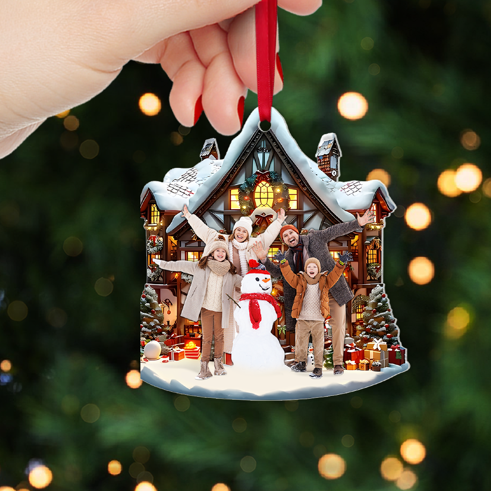 Personalized Family Photo Christmas Ornament - Cozy Winter Lodge Ornament PopCulturePrints
