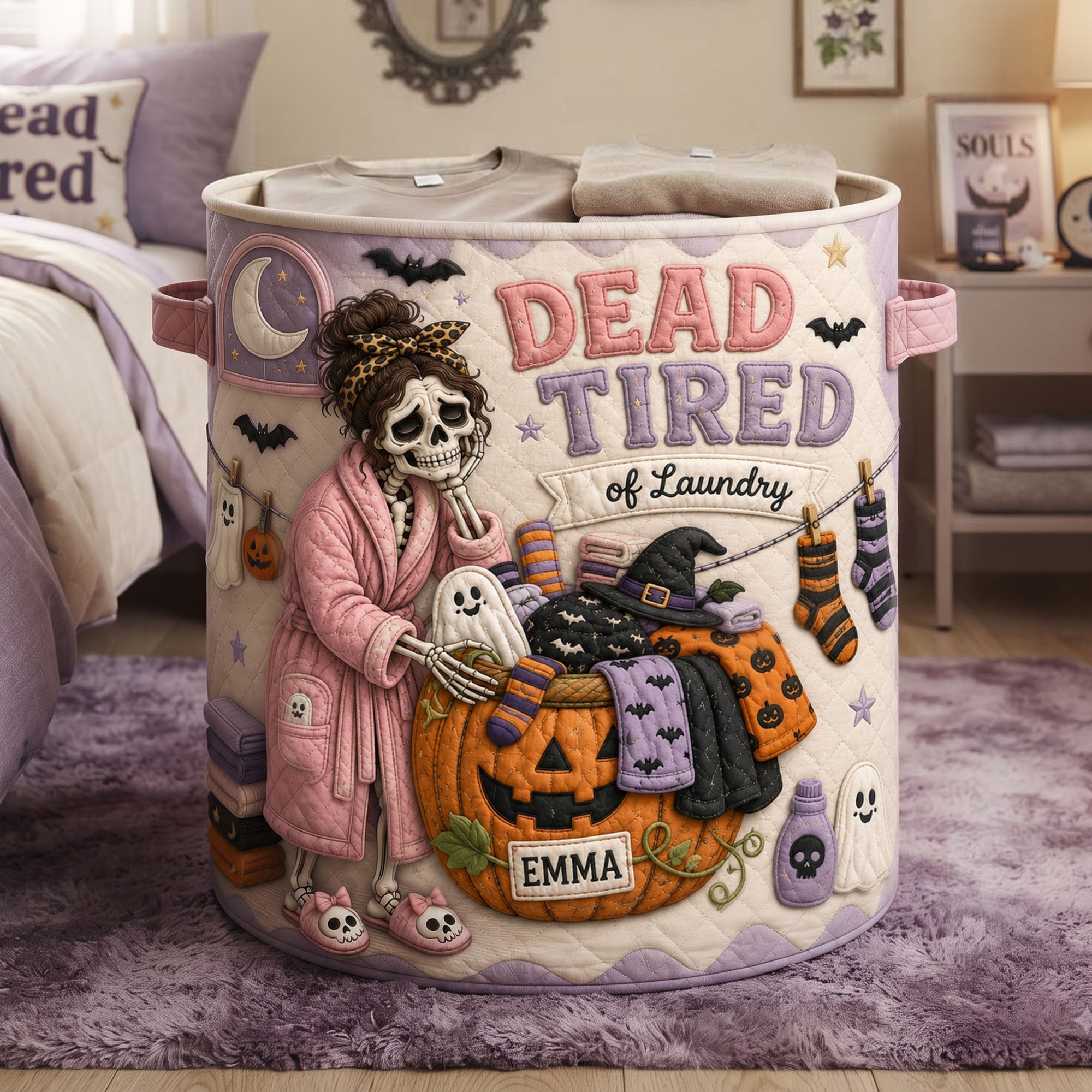“Dead Tired of Laundry” - Spooky Skeleton Quilted Laundry Basket - Personalized Halloween Gift