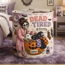 Load image into Gallery viewer, “Dead Tired of Laundry” - Spooky Skeleton Quilted Laundry Basket - Personalized Halloween Gift
