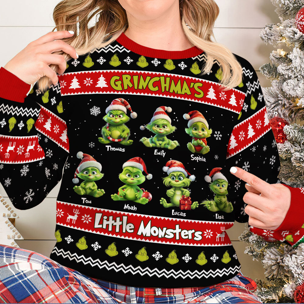 Custom Ugly Sweater for Grandma with Little Green Monsters