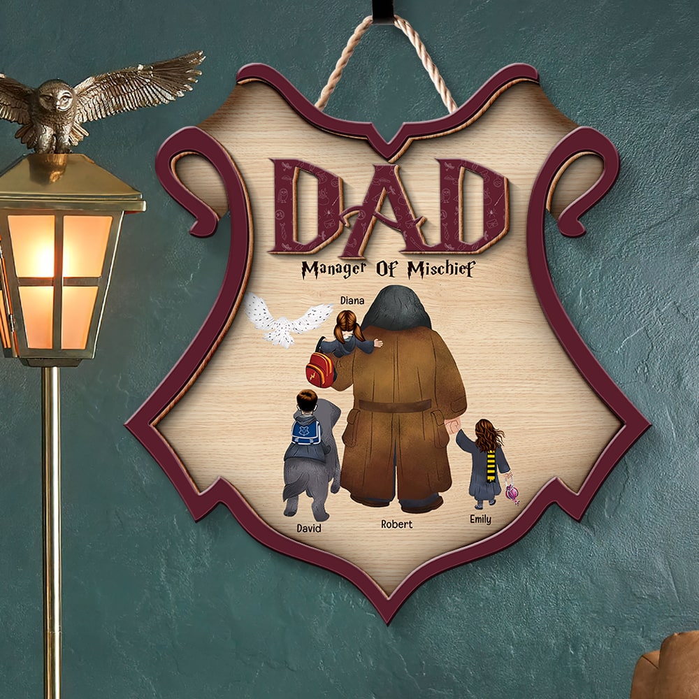 Personalized Harry Potter-Themed Dad Shield Sign - Manager of Mischief