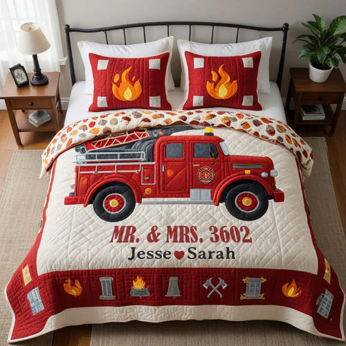Custom Firefighter Couple Quilt Bed Set - Personalized Valentine's Day Gifts for Couples Blanket PopCulturePrints