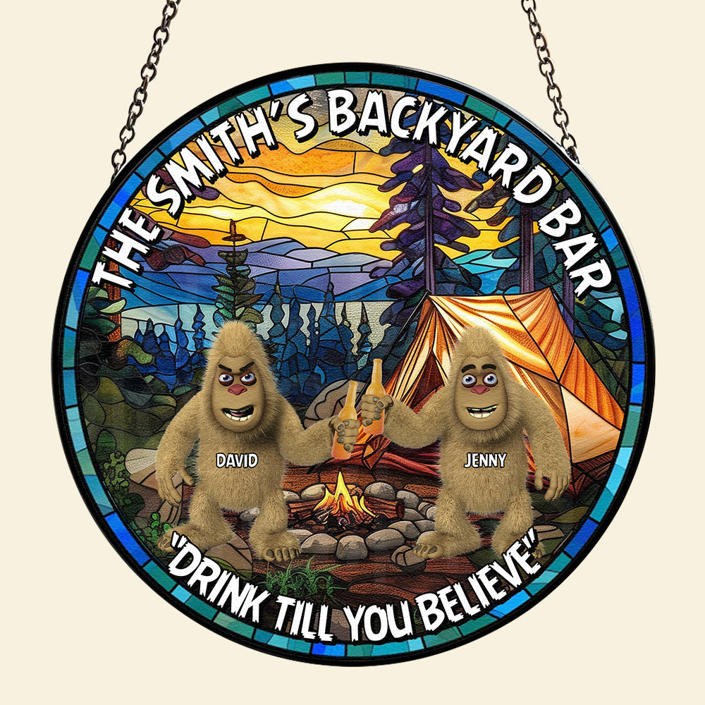 Personalized Bigfoot Seeker Stained Glass Suncatcher Ornament - Backyard Bar Theme