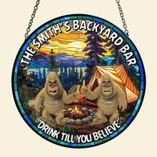 Load image into Gallery viewer, Personalized Bigfoot Seeker Stained Glass Suncatcher Ornament - Backyard Bar Theme
