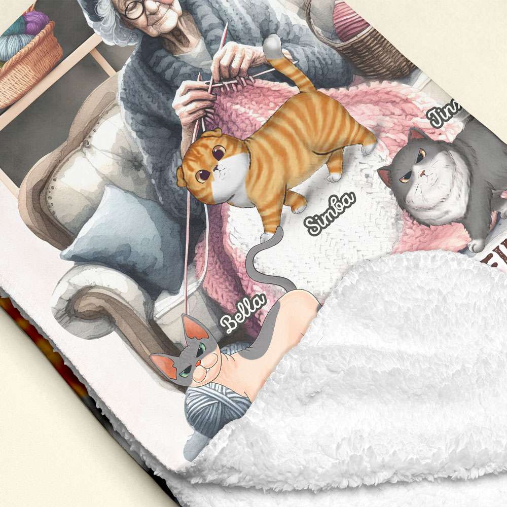 Personalized Cozy Blanket for Knitting Cat Lady - Customizable with Names