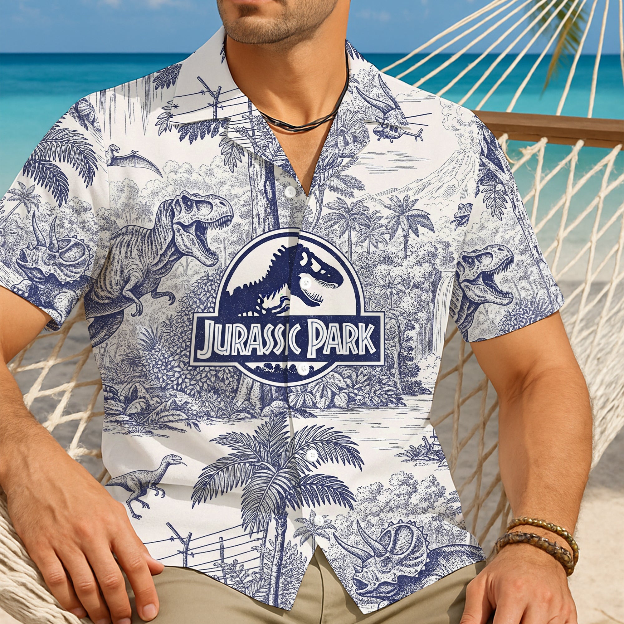“Unleash Your Inner Dinosaur!” - Custom Toile de Jouy Style Hawaiian Shirt - Unique Gift for Dinosaur Lovers Hawaiian Shirts PopCulturePrints