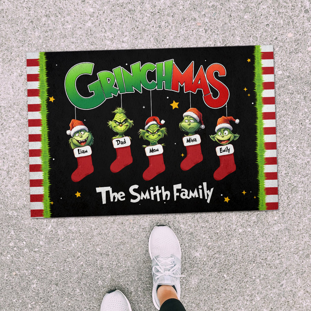 Personalized Grinch-Themed Christmas Family Door Mat Doormat PopCulturePrints