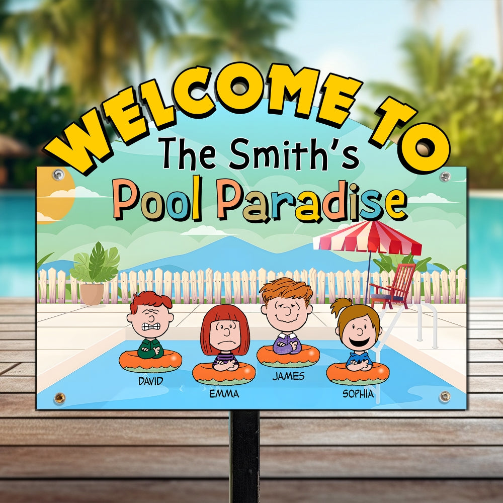 Personalized Family Pool Paradise Metal Sign - Custom Cartoon Design