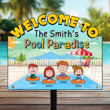 Load image into Gallery viewer, Personalized Family Pool Paradise Metal Sign - Custom Cartoon Design
