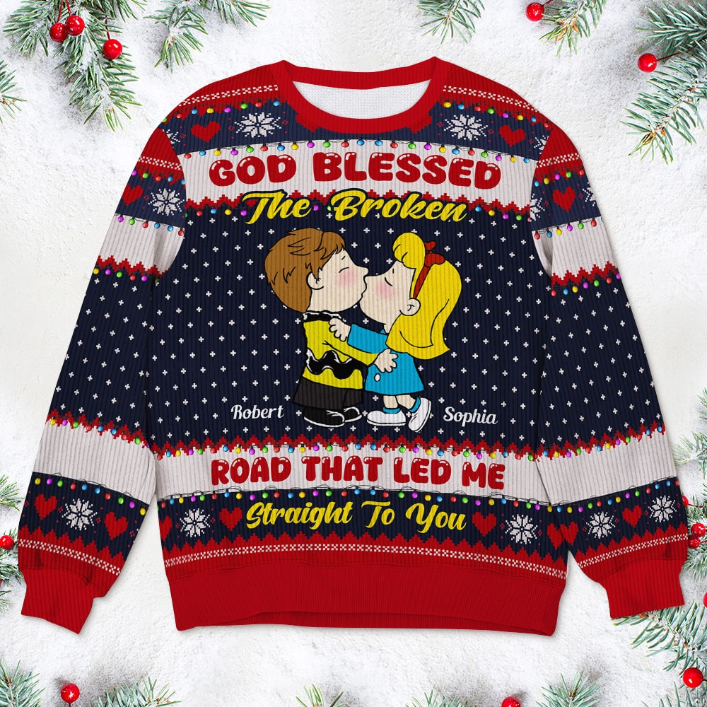 Personalized Couple's Ugly Christmas Sweater - Cartoon Love