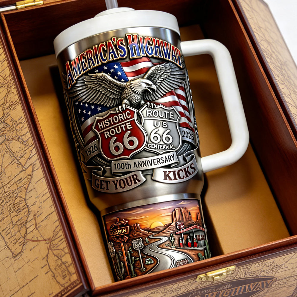 Get Your Kicks on Route 66 - Personalized Centennial Celebration Tumbler for Adventure Seekers Tumbler Cup PopCulturePrints