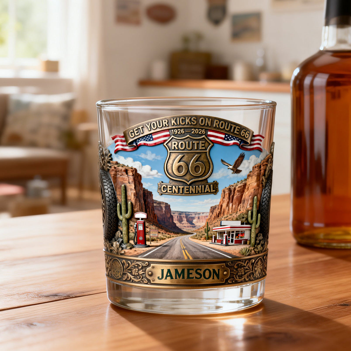“Get Your Kicks on Route 66” - Personalized Centennial Drinking Glass - Custom Gift for Road Trip Lovers Glass PopCulturePrints