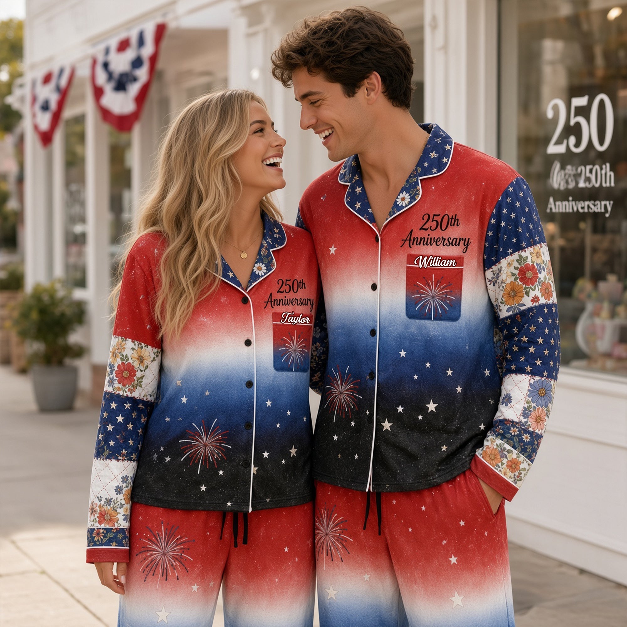 "Celebrate Your Love with Personalized Pajamas!" - Red White & Blue Floral Pajamas Set - Custom Gifts for Couples and Anniversaries