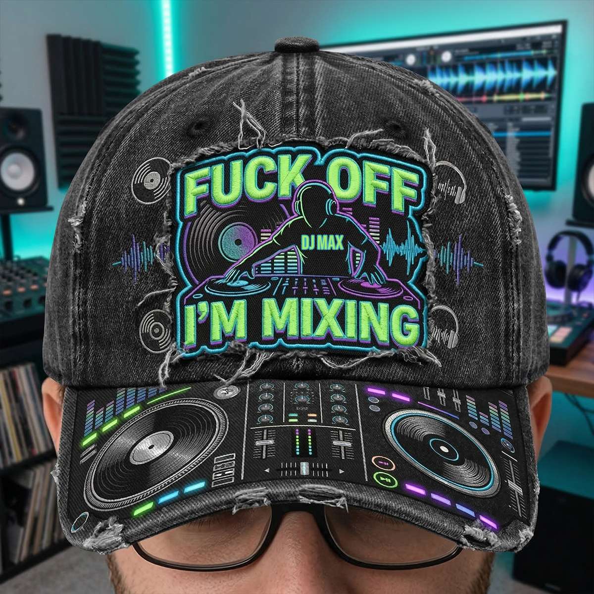 "DJ Max: Turn the Beat Up!" - Personalized DJ Turntable Graphic Cap - Unique Gift for Music Lovers