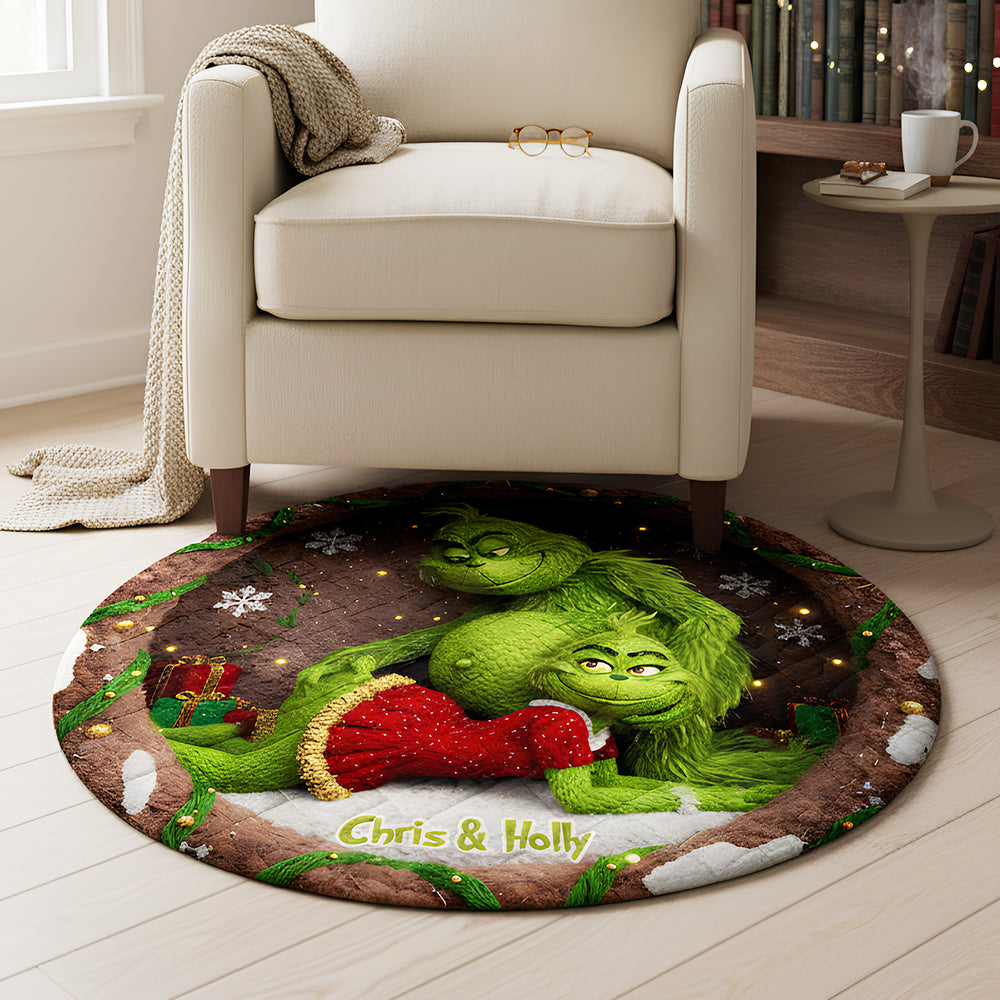 “Celebrate Love with a Grinchy Twist!” - Personalized Green Goblin Quilted Round Mat - Custom Gifts for Couples and Friends Doormat PopCulturePrints