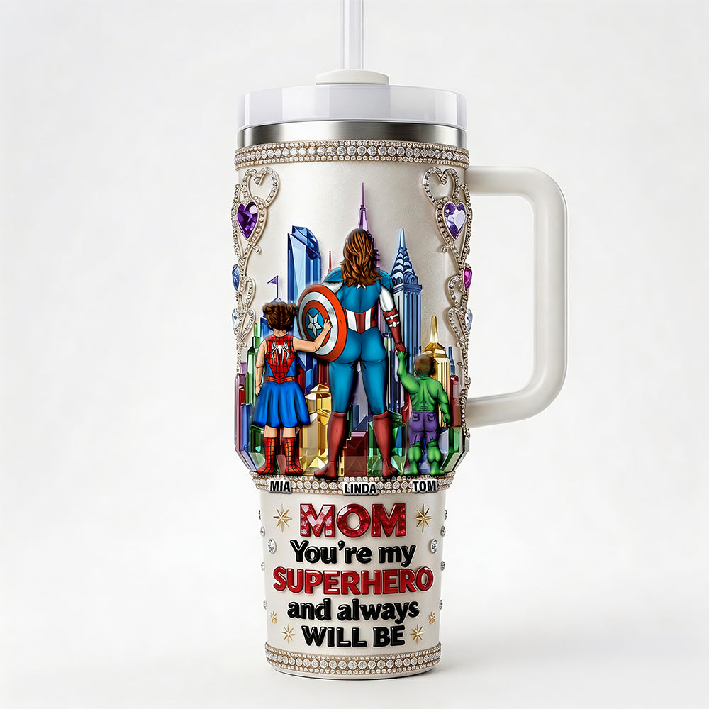 Mom, You're My Superhero - Personalized Brave Mom City Tumbler Handle Tumbler Cup PopCulturePrints