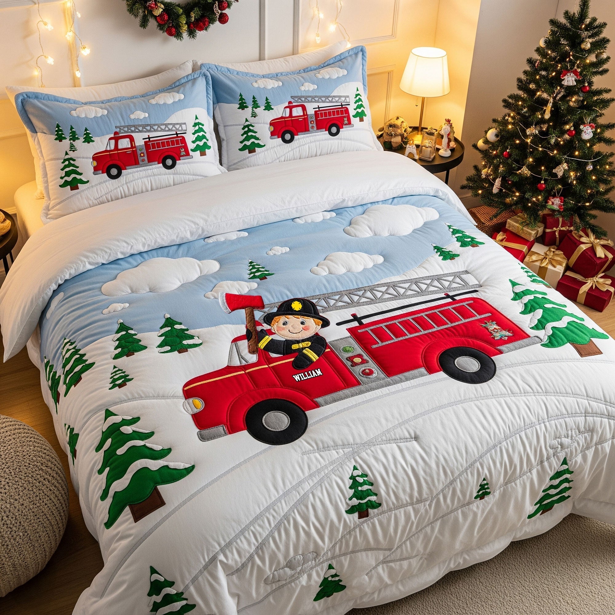 “Ignite Your Child’s Imagination!” - Cute Kid Playing Firefighter Quilt Bed Set - Customizable Gift for Kids Blanket PopCulturePrints