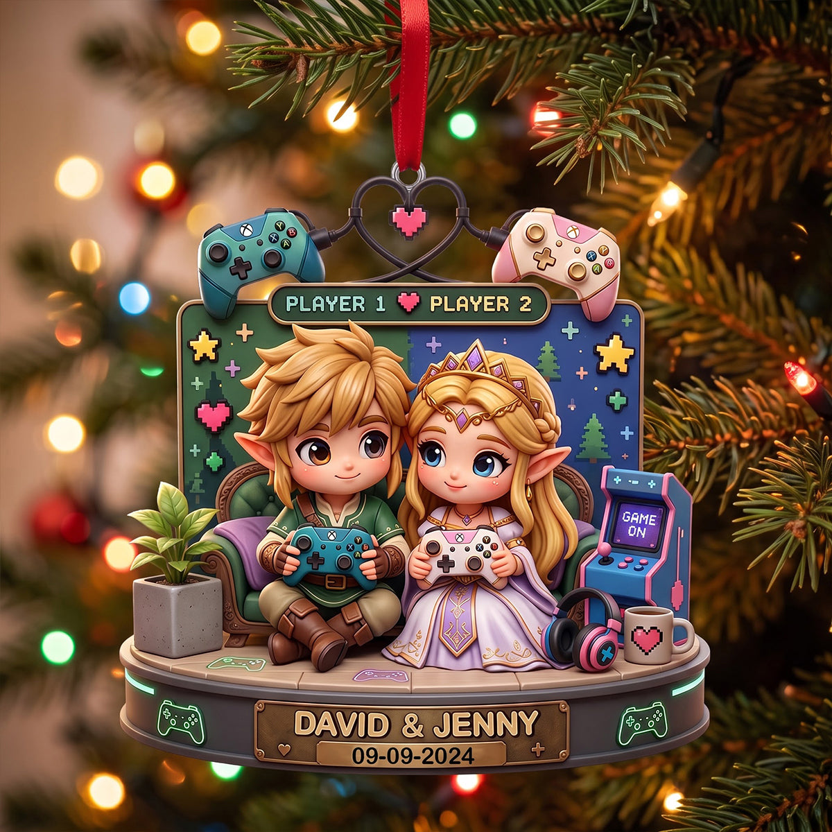 Player 1 & Player 2 Christmas Tree Ornament - Personalized Gift for Gamers