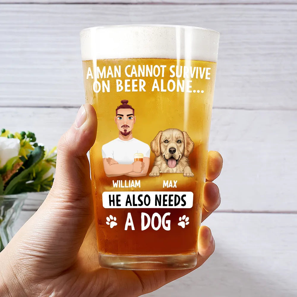 A Man Can't Survive On Beer Alone - Personalized Beer Glass - Perfect Gift for Dad, Grandpa, and Beer Lovers Beer Glass PopCulturePrints