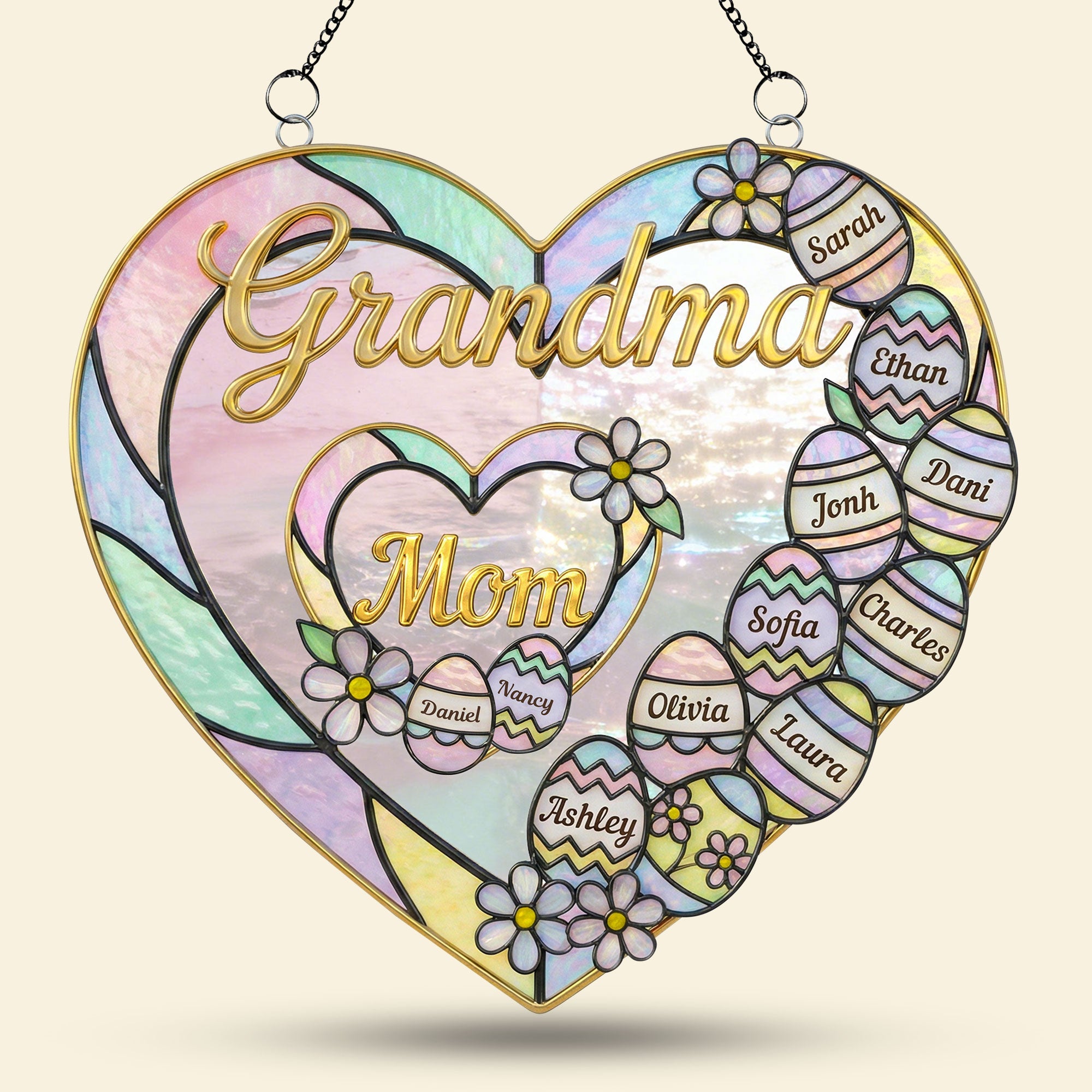 “A Heartfelt Gift for Grandma & Mom” - Personalized Mom & Grandma Heart Suncatcher Ornament - Perfect Easter Gift Ornament PopCulturePrints