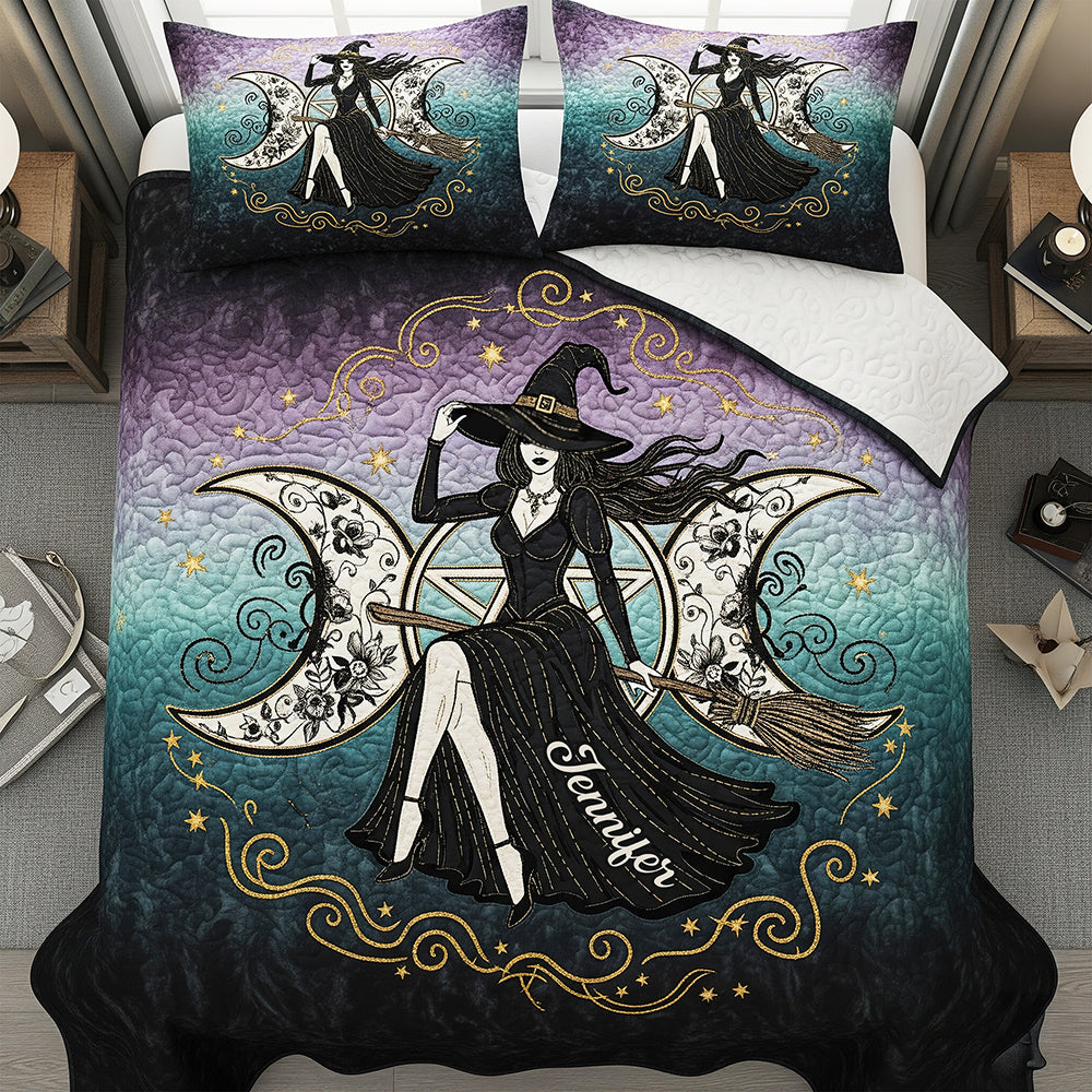 "Embrace Your Magic" - Mystic Witch Triple Moon Quilt Bed Set, Personalized Gift for Wiccans, Unique Custom Design Bedding Set PopCulturePrints