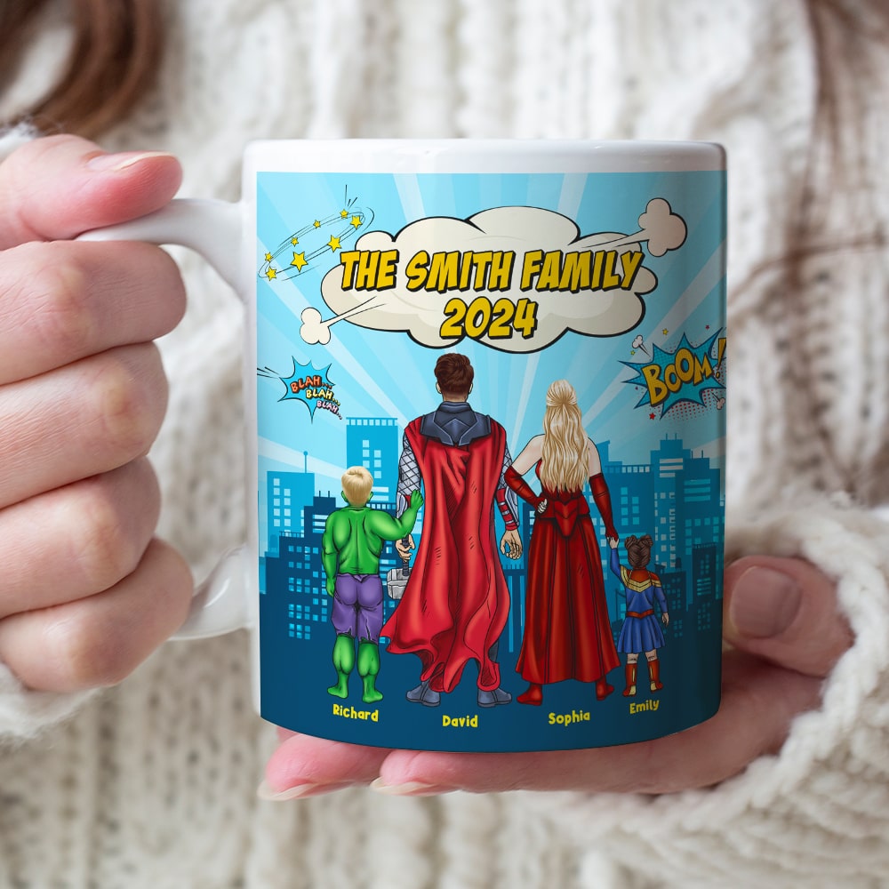 Superhero Family Personalized Mug – Custom Gift 2024 Coffee Mug PopCulturePrints