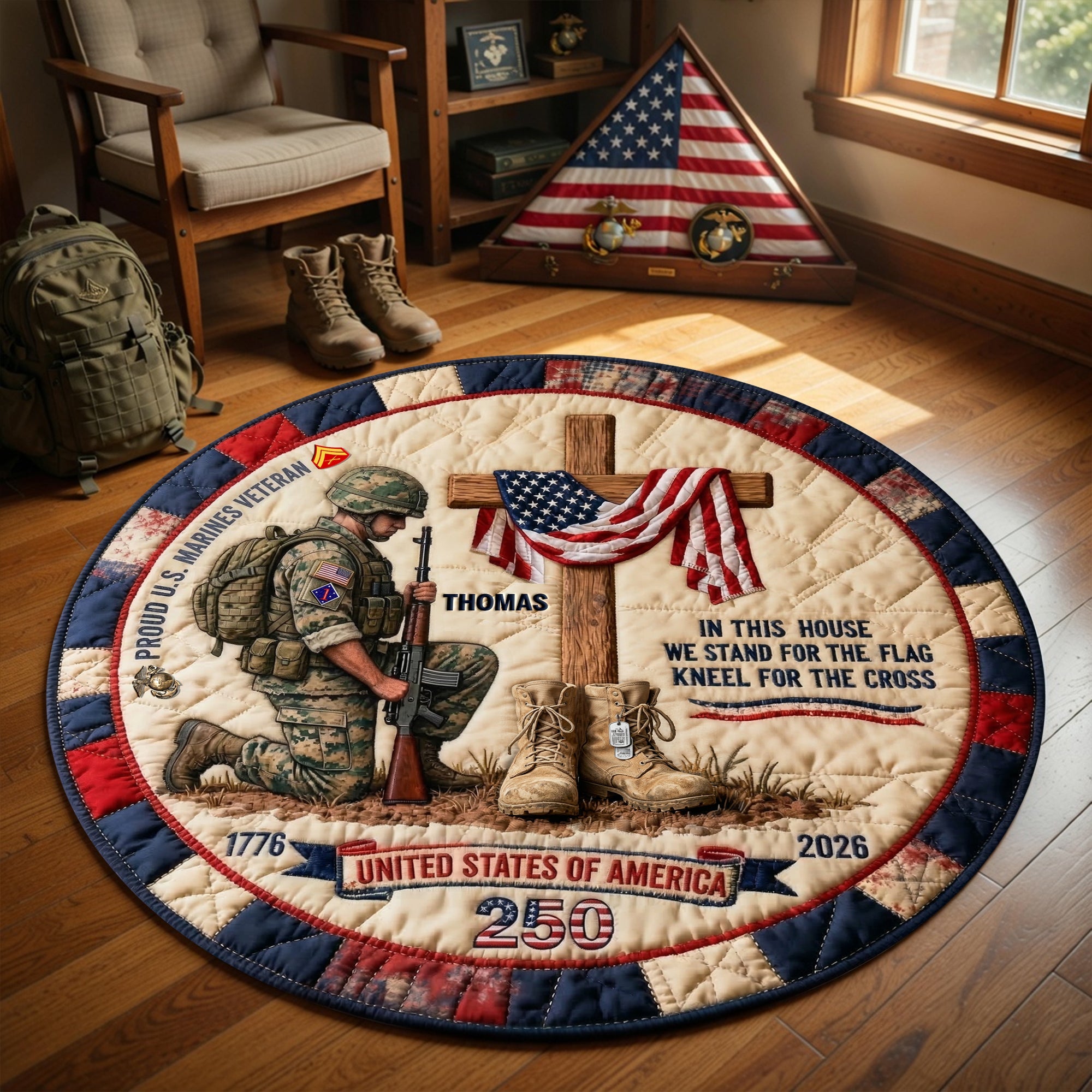 In This House We Stand for the Flag - Proud Military House Quilted Round Rug - Personalized Gift for Veterans Doormat PopCulturePrints