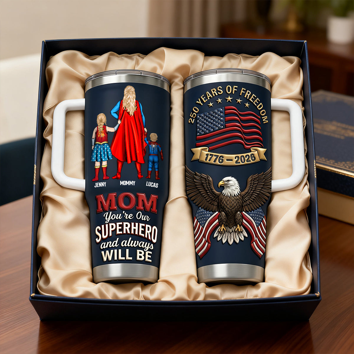 Mom, You're Our Superhero - 250 Years of Freedom Personalized Tumbler for Mom and Kids Tumbler Cup PopCulturePrints