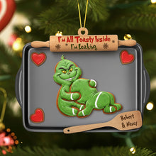 Load image into Gallery viewer, “I&#39;m All Toasty Inside” - Mischievous Green Gingerbread Couple Ornament - Personalized Gift for Couples
