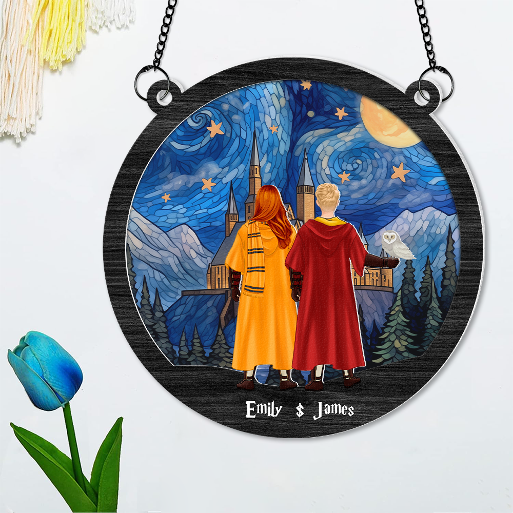 Personalized Wizard Couple Suncatcher Ornament - Custom Names and Design